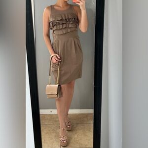 taupe ruffle structured sleeveless mini dress 6 | feminine workwear retro femme